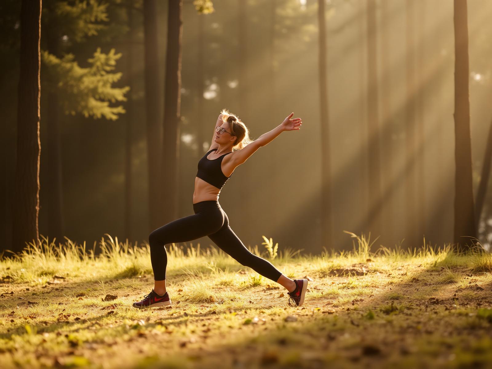 Athlete stretching outdoors in a Portland forest at golden hour